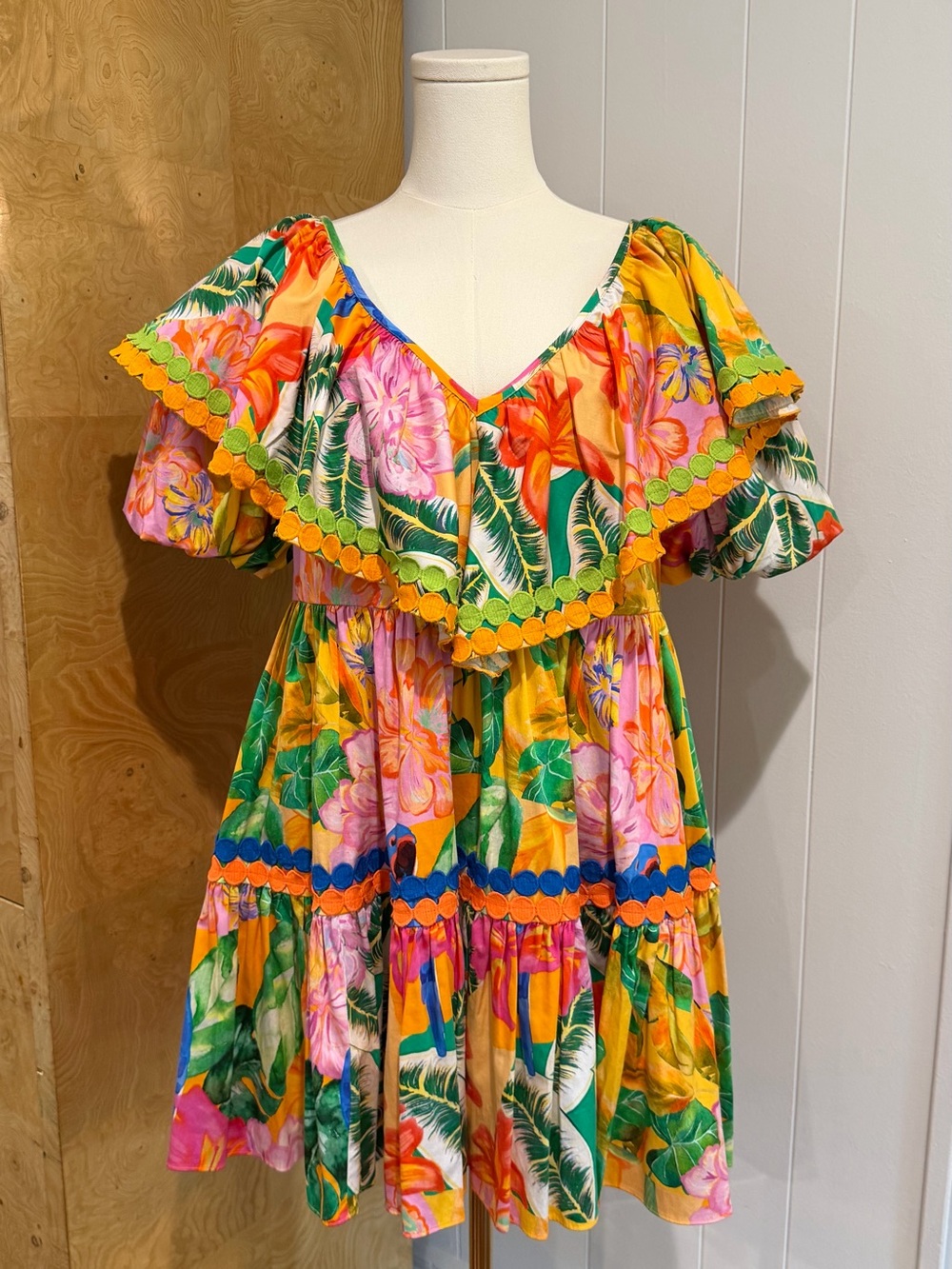 Alden Adair Tropical Floral Ruffle Dress - Yellow Pink Green